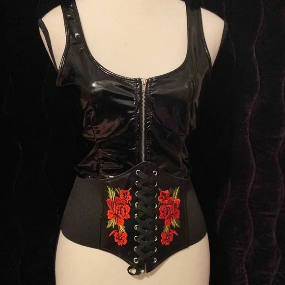 Black and red elastic corset belt with floral embroidery #060 - Picture 2 of 8